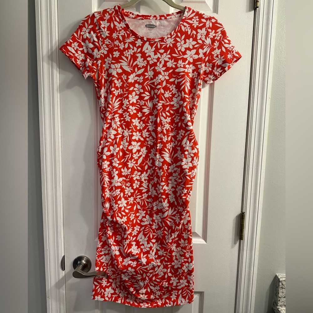 Old Navy Maternity T Shirt Dress Floral Coral & White Small